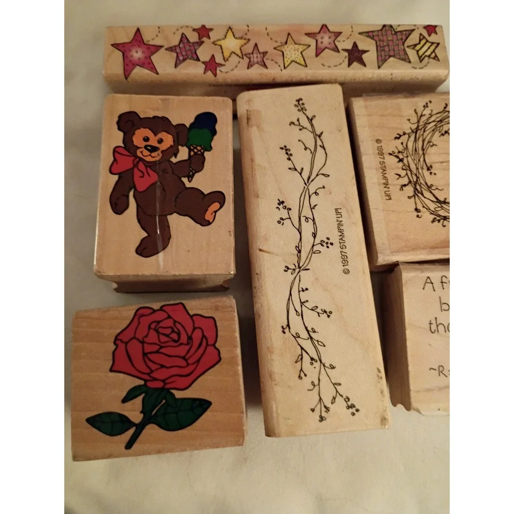 Stampin Up Hero Arts Vintage Wood Rubber Stamp Lot 6pc Bear Rose Stars 1997